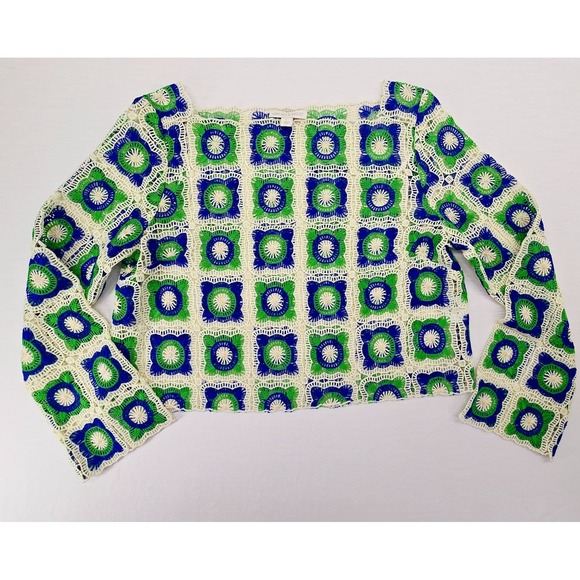 Chelsea & Violet Sweaters - Chelsea & Violet Bonnie Granny Square Crochet Top Blue Green Long Sleeve Sz L